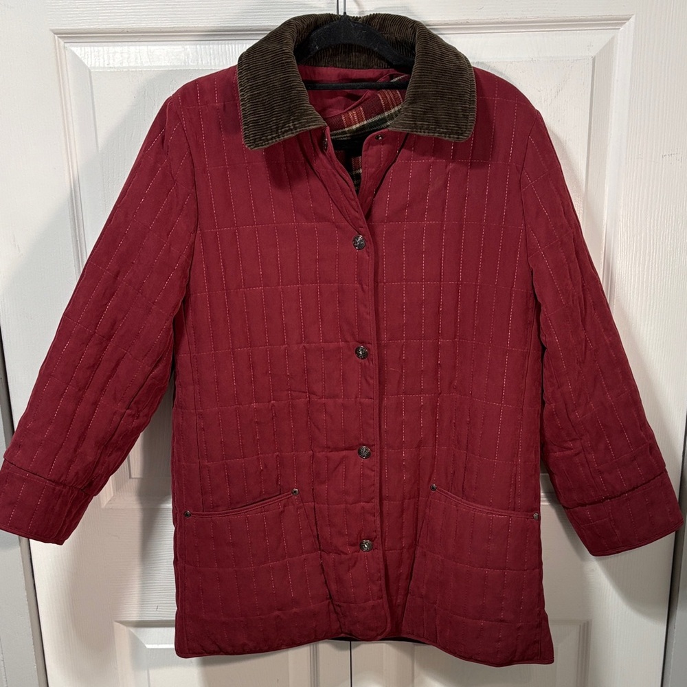 Women's Red Quilted Jacket with Corduroy Collar and removable vest